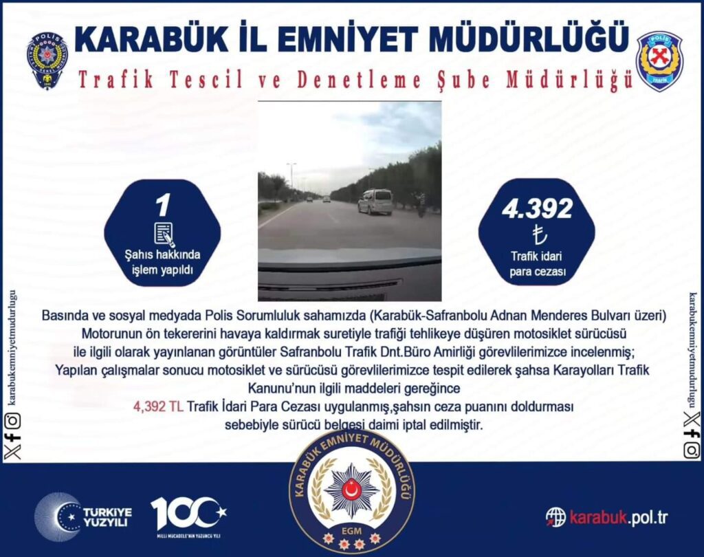 Başlık: “Karabük’te Tehlikeli Motosiklet Sürüşü Cezasız Kalmadı”